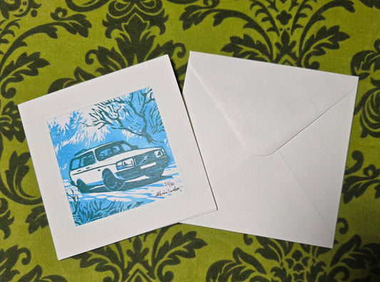 Håndlaget Linotrykk dobbelt kort, Volvo 240 stasjonsvogn, Unikt trykk 27/ 30
