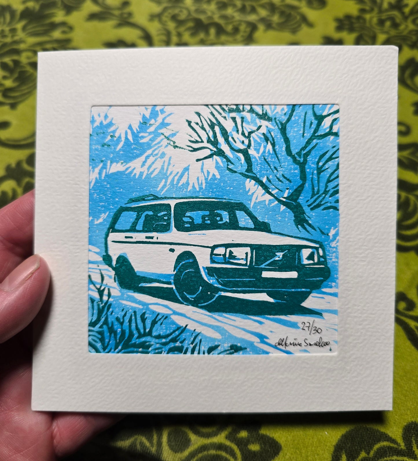 Håndlaget Linotrykk dobbelt kort, Volvo 240 stasjonsvogn, Unikt trykk 27/ 30