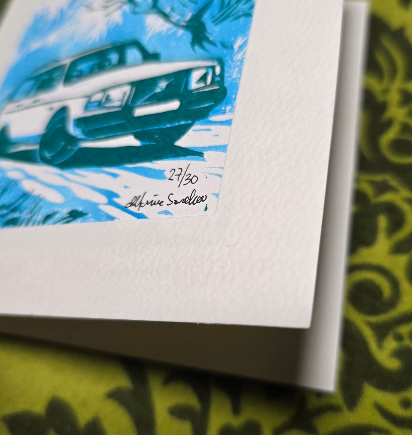 Håndlaget Linotrykk dobbelt kort, Volvo 240 stasjonsvogn, Unikt trykk 27/ 30