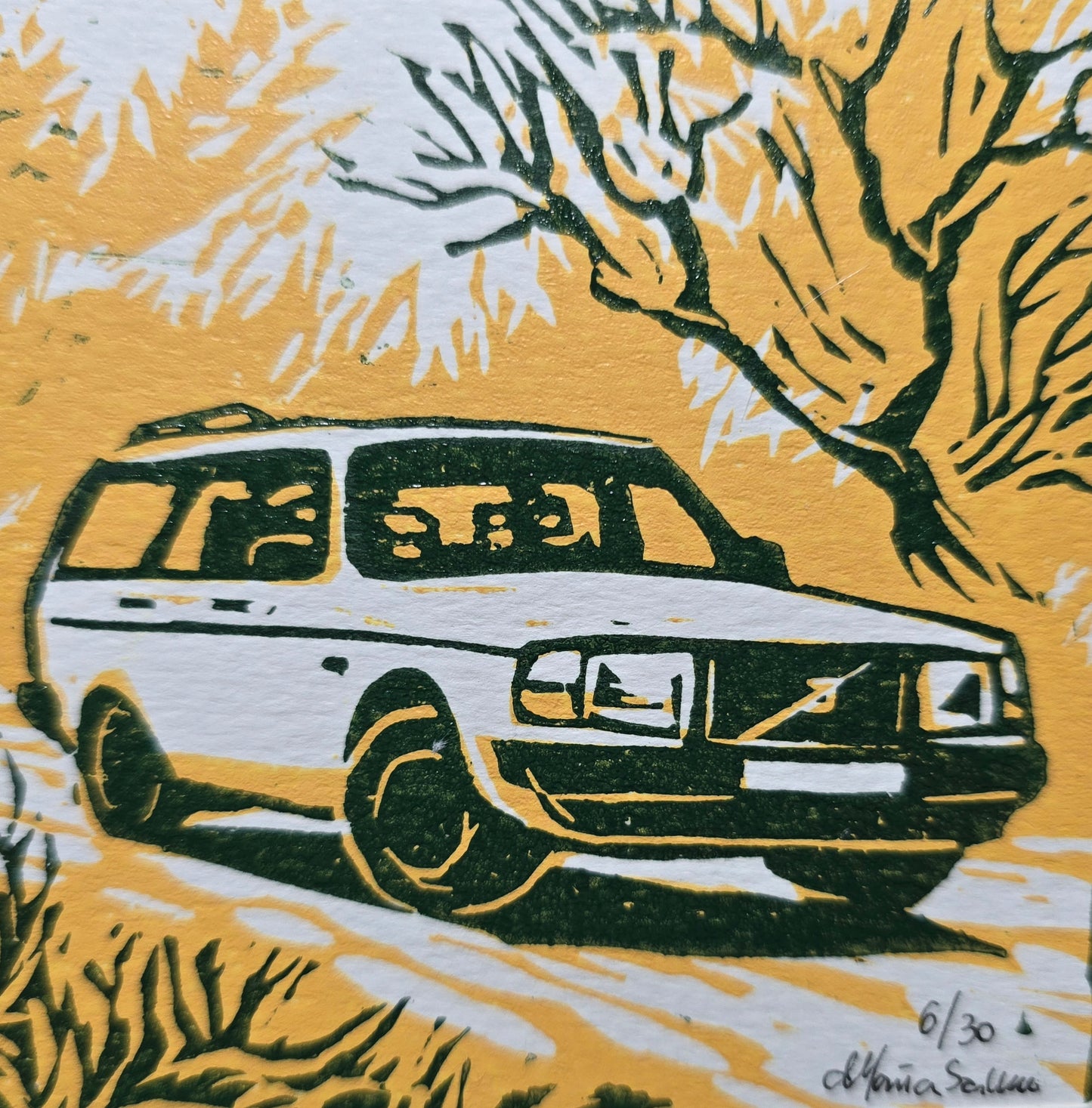 Håndlaget Linotrykk dobbelt kort, Volvo 240 stasjonsvogn, Unikt trykk 6/ 30