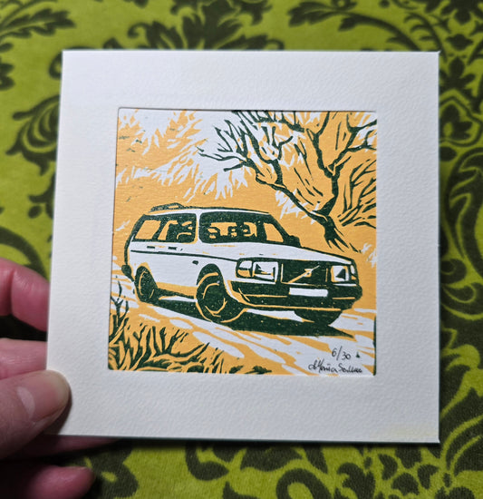 Håndlaget Linotrykk dobbelt kort, Volvo 240 stasjonsvogn, Unikt trykk 6/ 30