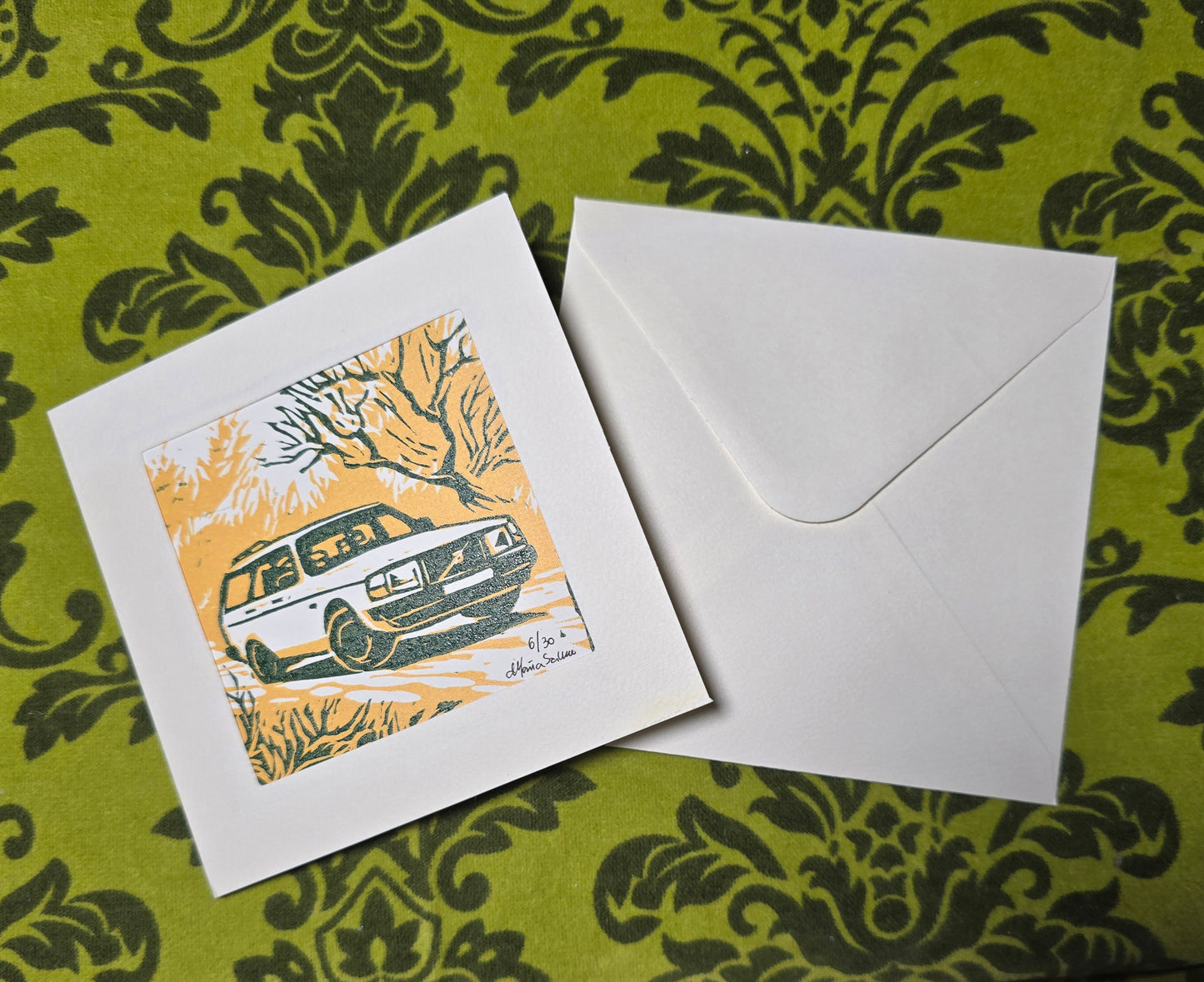 Håndlaget Linotrykk dobbelt kort, Volvo 240 stasjonsvogn, Unikt trykk 6/ 30
