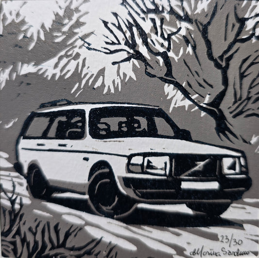 Håndlaget Linotrykk dobbelt kort, Volvo 240 stasjonsvogn, Unikt trykk 23/ 30