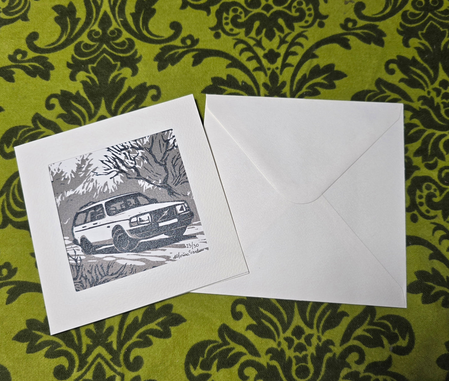 Håndlaget Linotrykk dobbelt kort, Volvo 240 stasjonsvogn, Unikt trykk 23/ 30