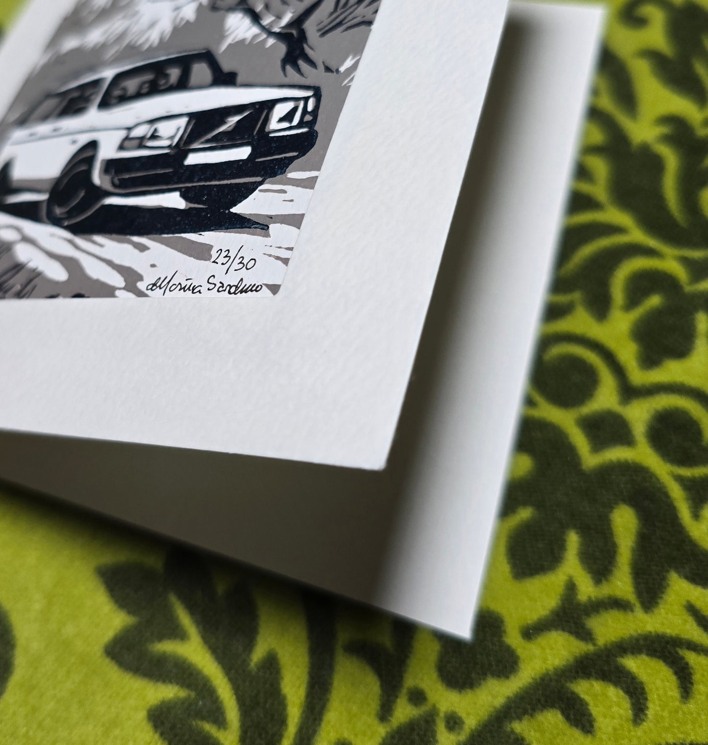 Håndlaget Linotrykk dobbelt kort, Volvo 240 stasjonsvogn, Unikt trykk 23/ 30