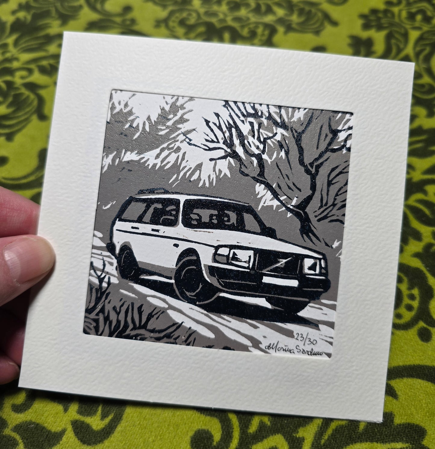 Håndlaget Linotrykk dobbelt kort, Volvo 240 stasjonsvogn, Unikt trykk 23/ 30