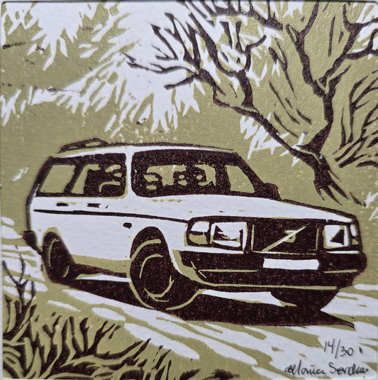 Håndlaget Linotrykk dobbelt kort, Volvo 240 stasjonsvogn, Unikt trykk 14/ 30