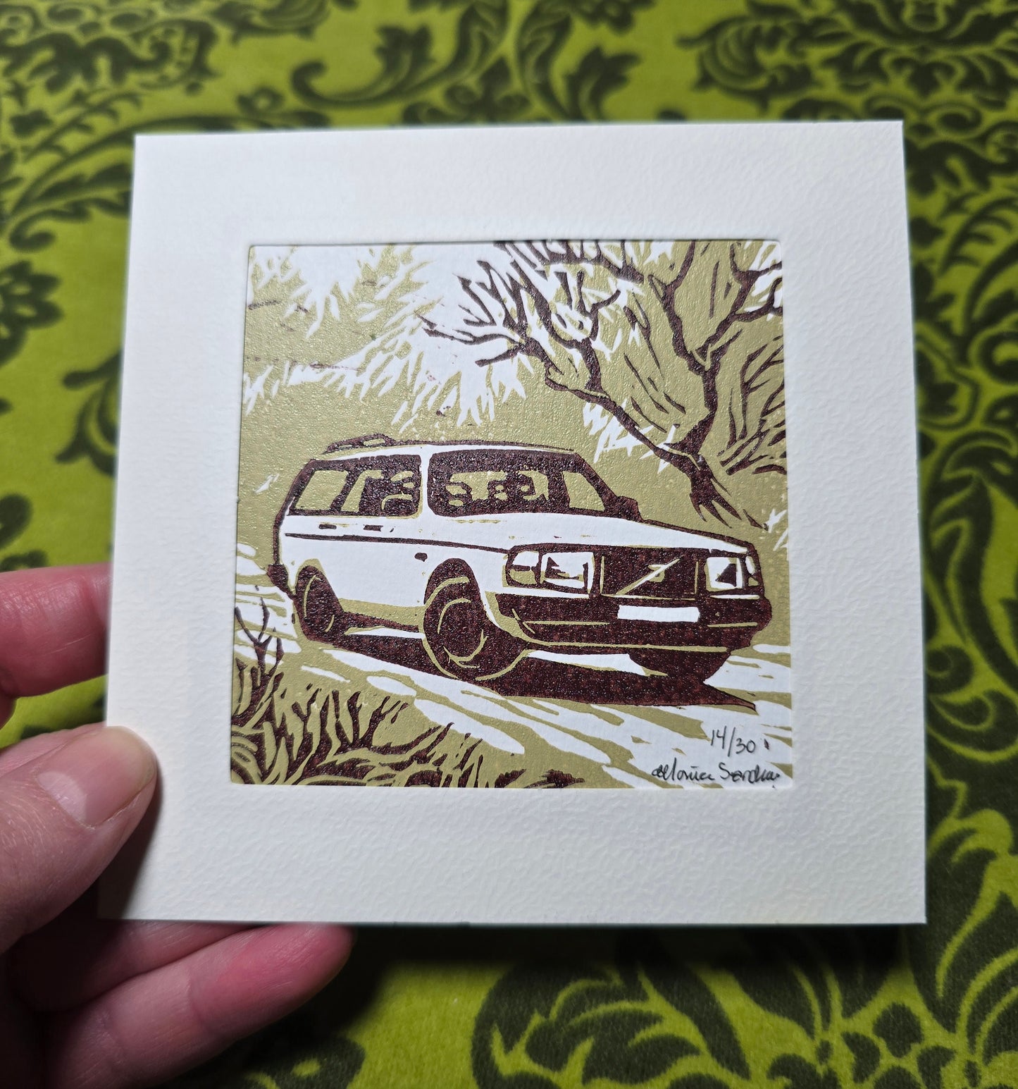 Håndlaget Linotrykk dobbelt kort, Volvo 240 stasjonsvogn, Unikt trykk 14/ 30