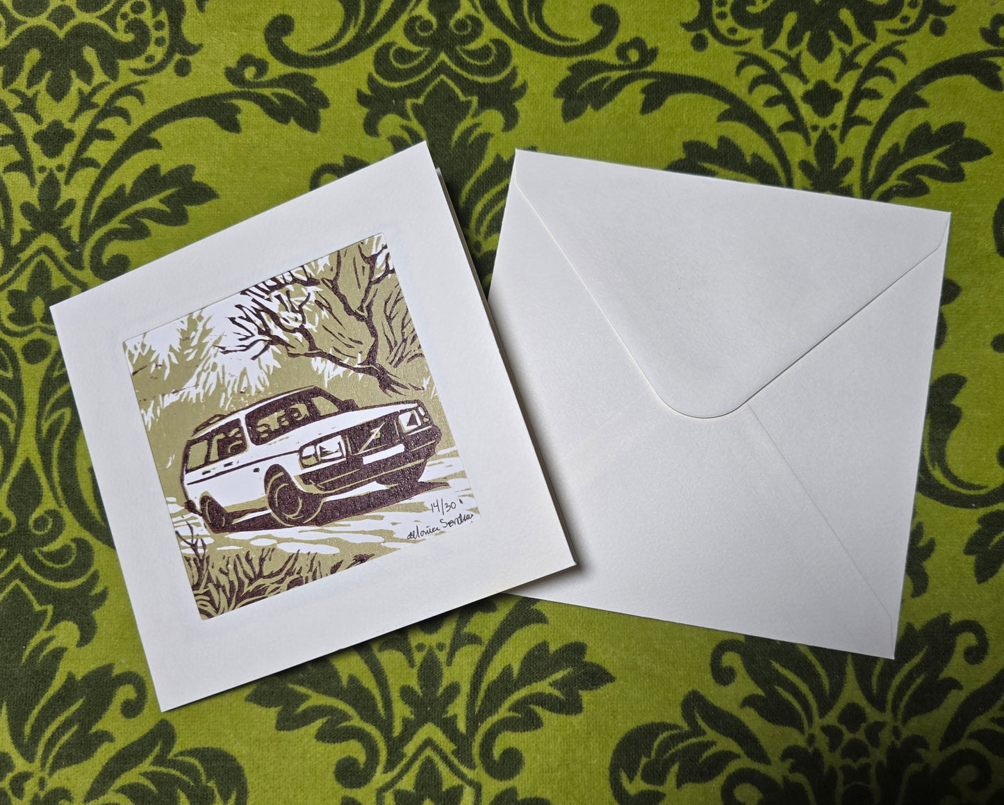 Håndlaget Linotrykk dobbelt kort, Volvo 240 stasjonsvogn, Unikt trykk 14/ 30