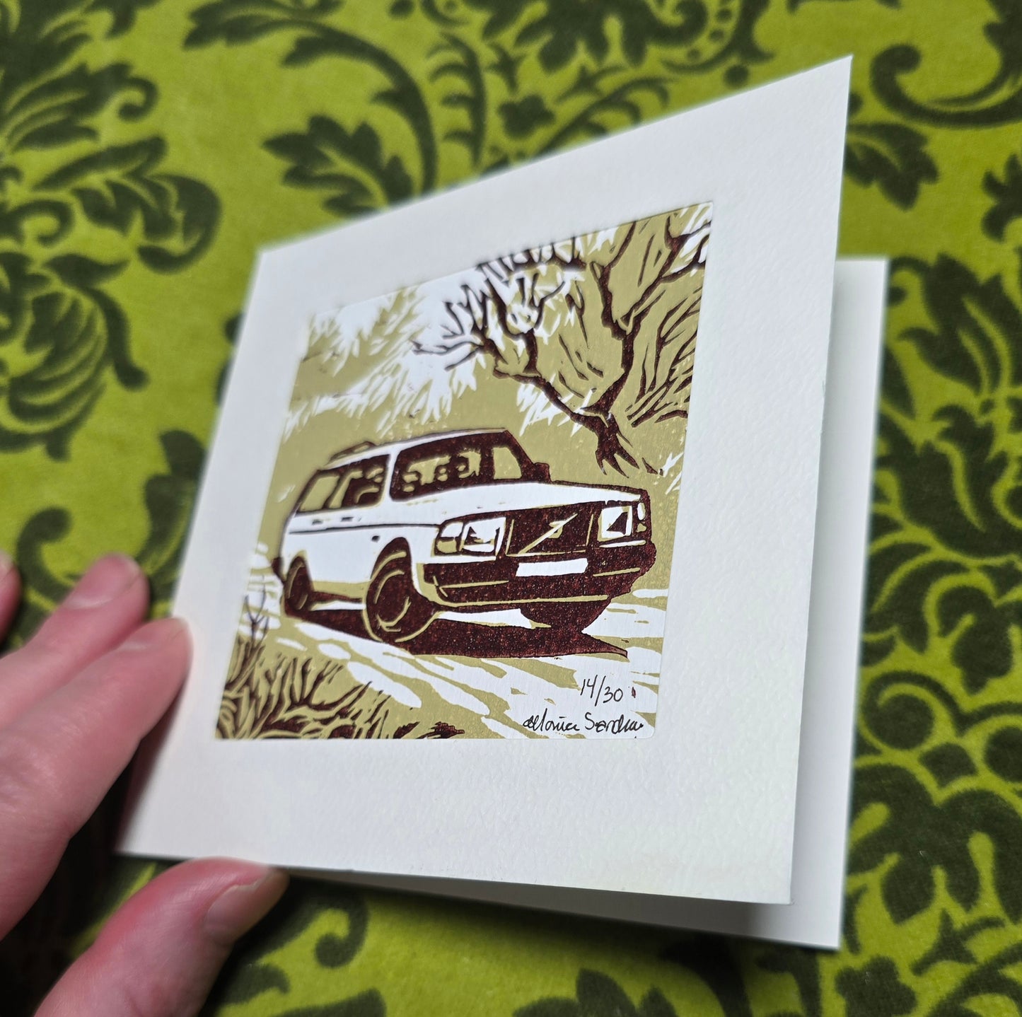Håndlaget Linotrykk dobbelt kort, Volvo 240 stasjonsvogn, Unikt trykk 14/ 30