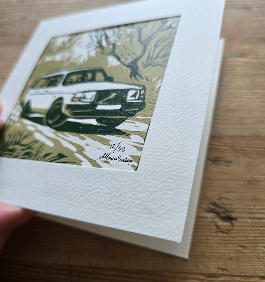 Håndlaget Linotrykk dobbelt kort, Volvo 240 stasjonsvogn, Unikt trykk 12/ 30