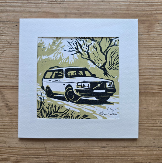 Håndlaget Linotrykk dobbelt kort, Volvo 240 stasjonsvogn, Unikt trykk 17/ 30