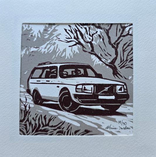 Håndlaget Linotrykk dobbelt kort, Volvo 240 stasjonsvogn, Unikt trykk 19/ 30
