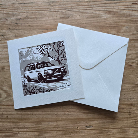 Håndlaget Linotrykk dobbelt kort, Volvo 240 stasjonsvogn, Unikt trykk 19/ 30