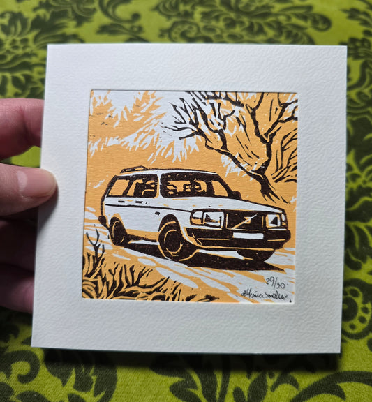 Håndlaget Linotrykk dobbelt kort, Volvo 240 stasjonsvogn, Unikt trykk 29/ 30