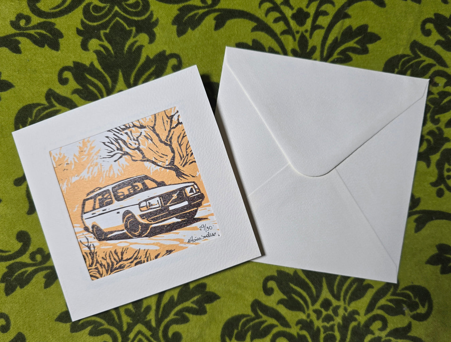 Håndlaget Linotrykk dobbelt kort, Volvo 240 stasjonsvogn, Unikt trykk 29/ 30