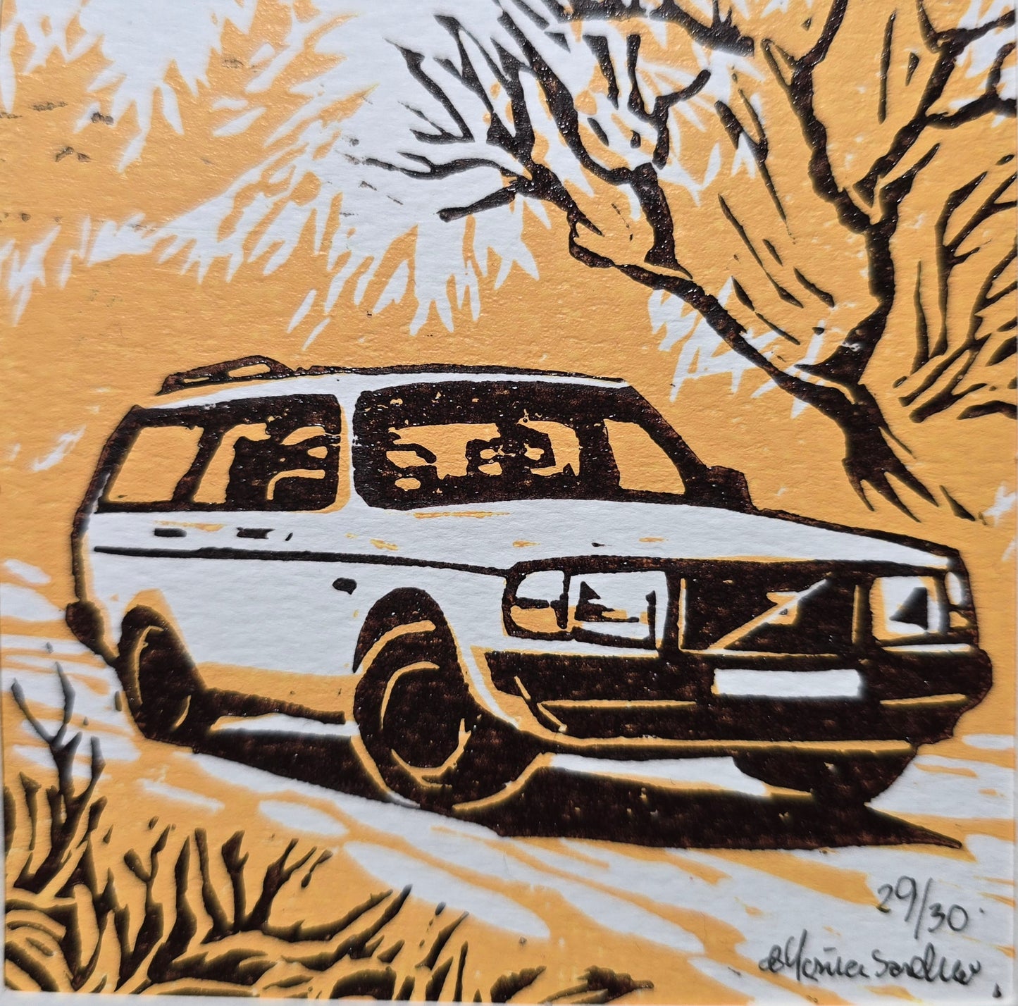Håndlaget Linotrykk dobbelt kort, Volvo 240 stasjonsvogn, Unikt trykk 29/ 30