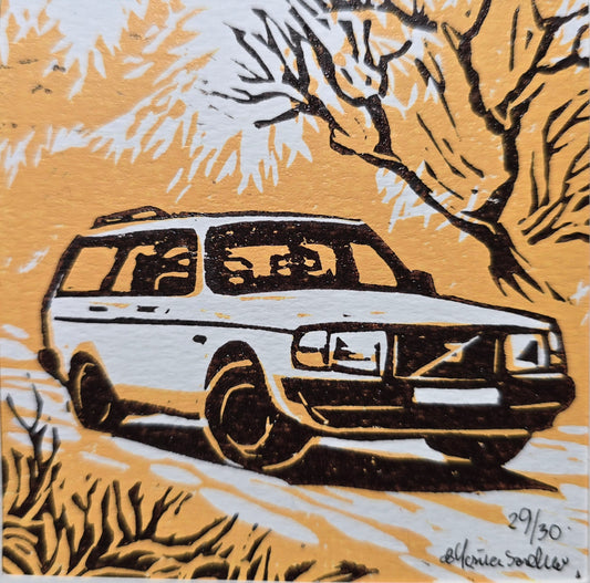 Håndlaget Linotrykk dobbelt kort, Volvo 240 stasjonsvogn, Unikt trykk 29/ 30