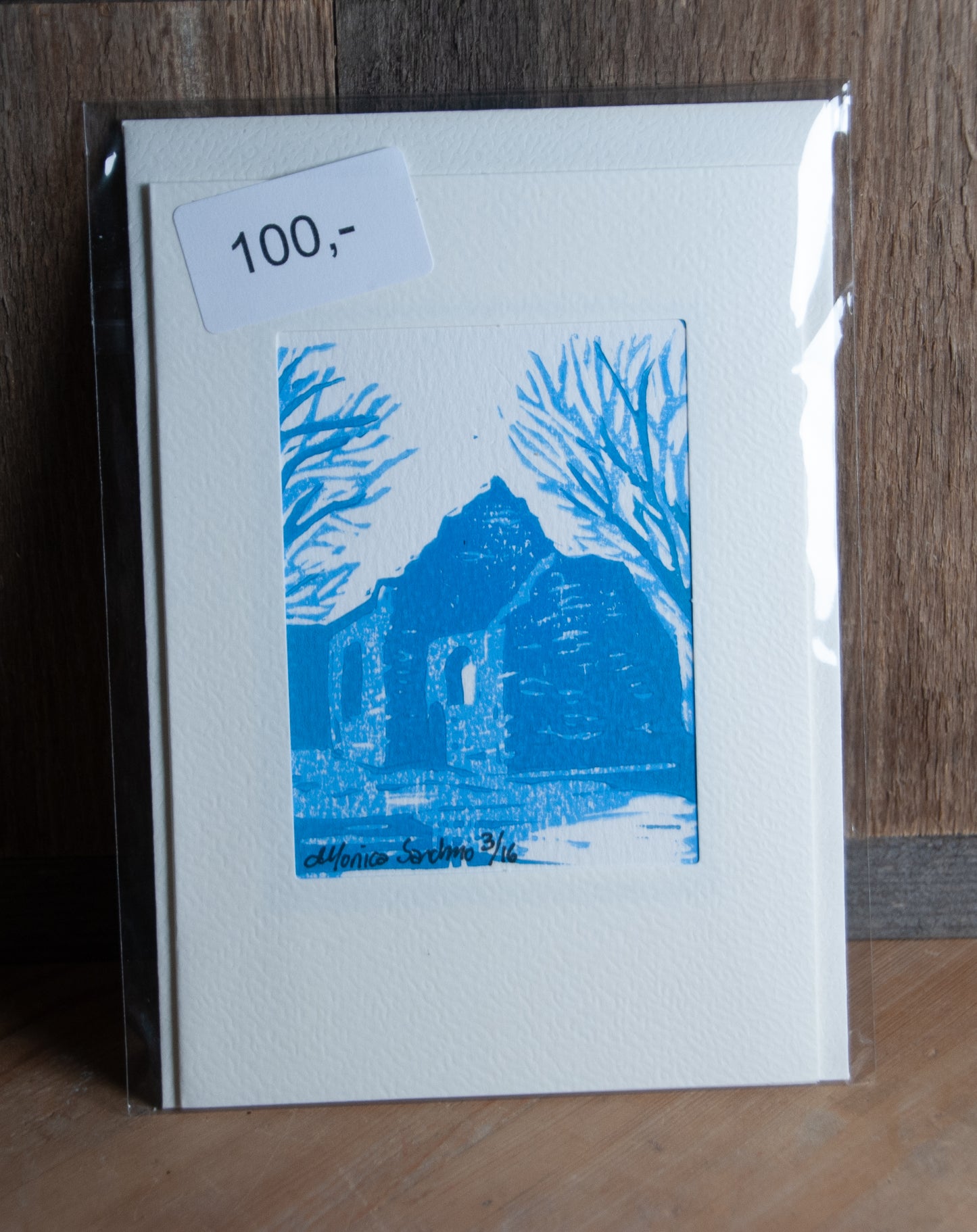 Håndlaget Linotrykk Nes Kirkeruiner - Kort 3/16