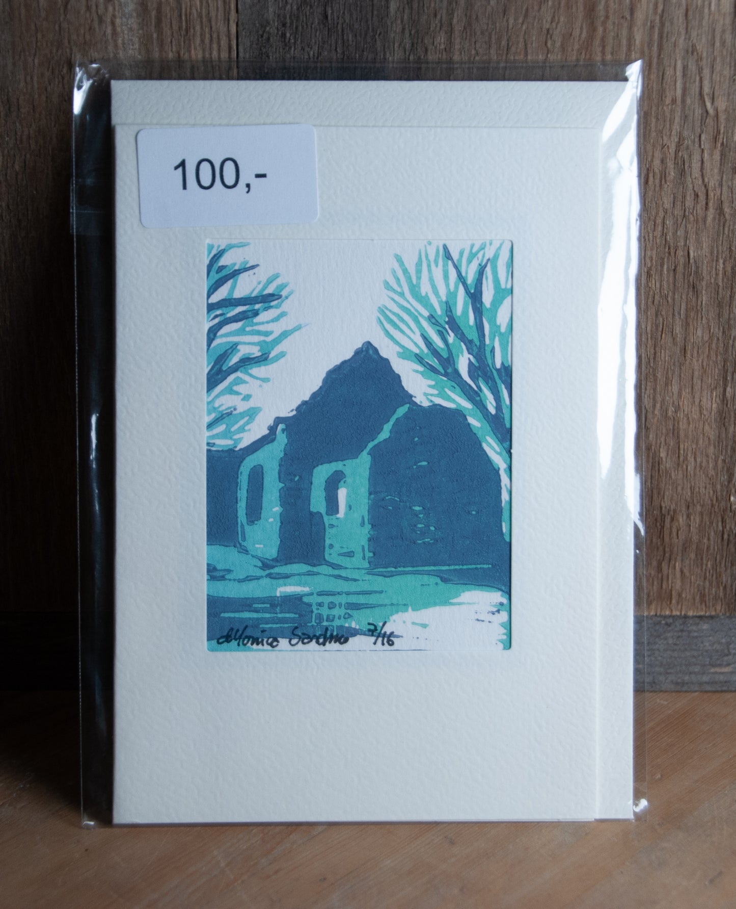 Håndlaget Linotrykk Nes Kirkeruiner - Kort 7/16