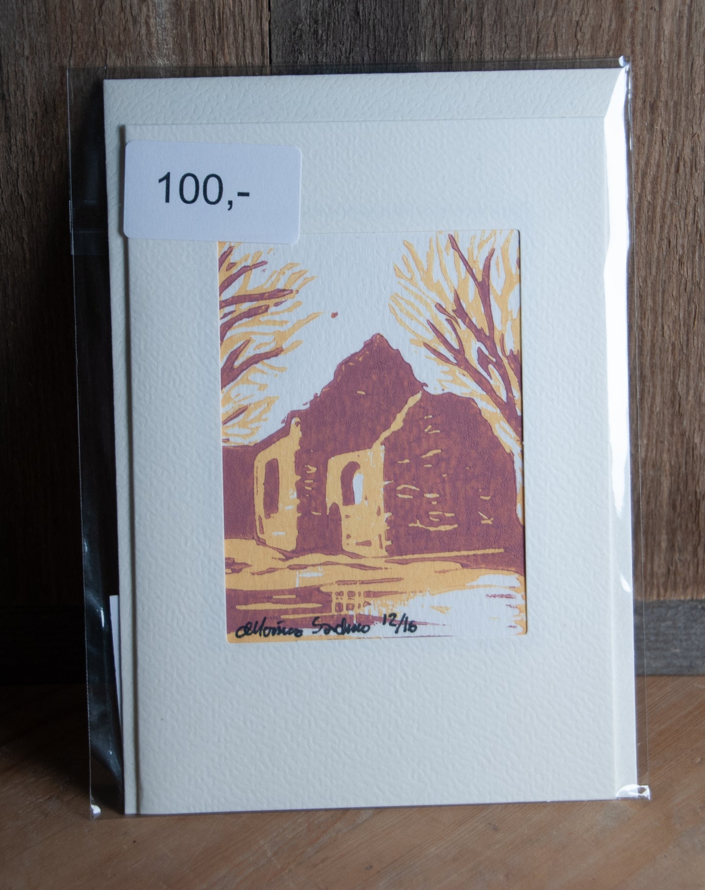 Håndlaget Linotrykk Nes Kirkeruiner - Kort 12/16