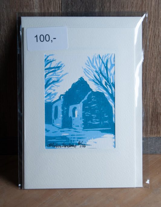 Håndlaget Linotrykk Nes Kirkeruiner - Kort 6/16