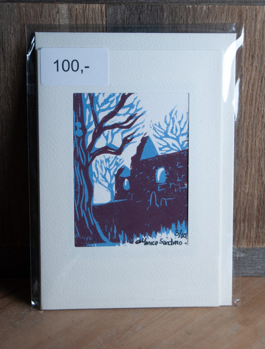 Håndlaget Linotrykk Nes Kirkeruiner - Kort 3/10