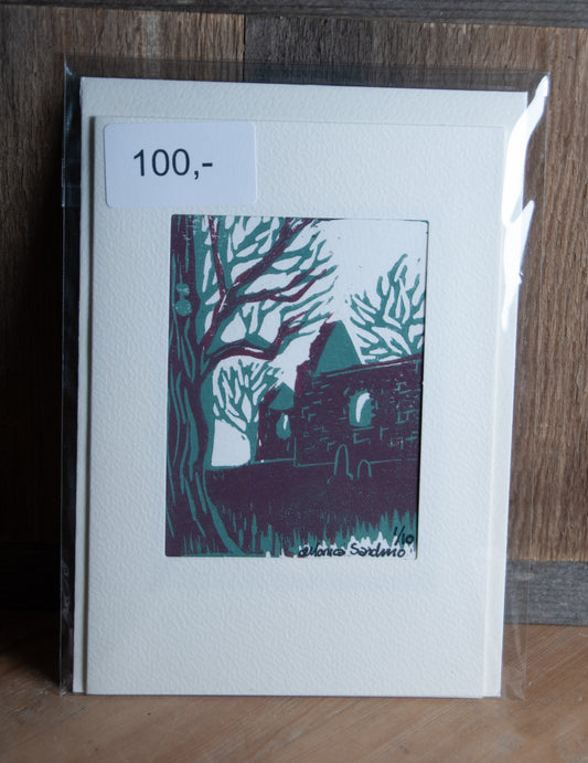 Håndlaget Linotrykk Nes Kirkeruiner - Kort 1/10