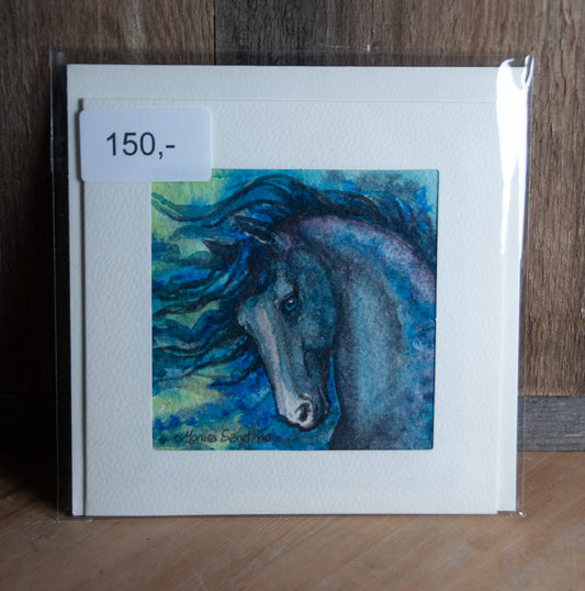 Håndmalt Akvarellkort - Blå Hest - Unikt kort