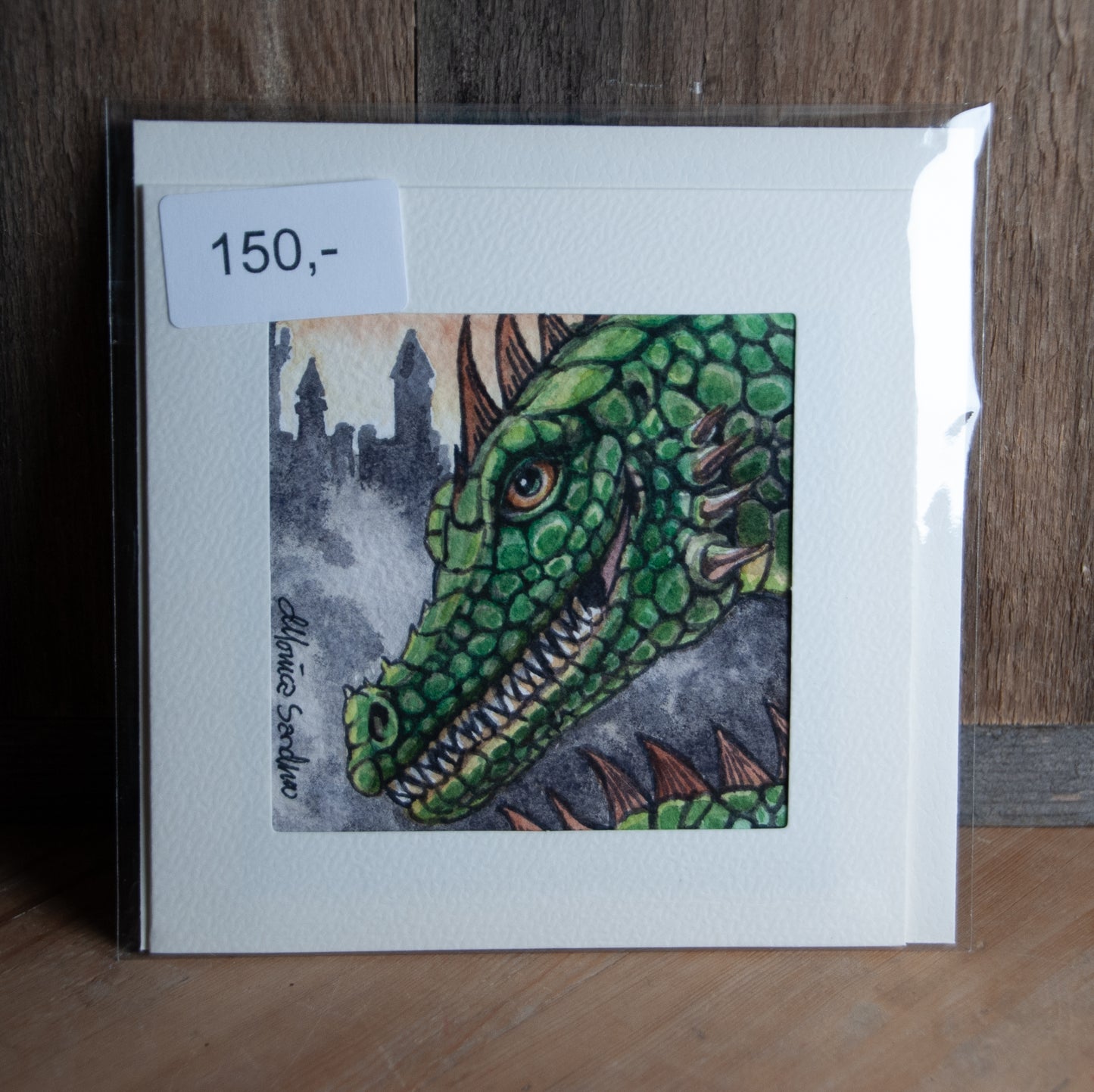 Håndmalt Akvarellkort - Grønn Drage med Slott - Unikt kort
