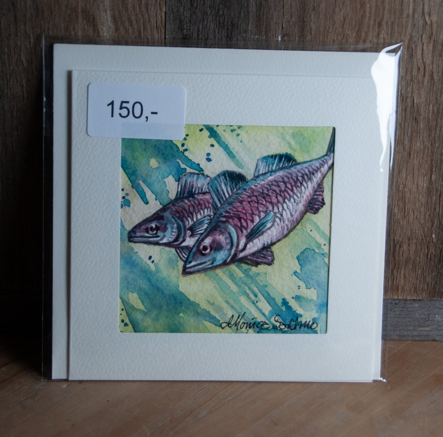 Håndmalt Akvarellkort - Blårosa Fisker Unikt kort