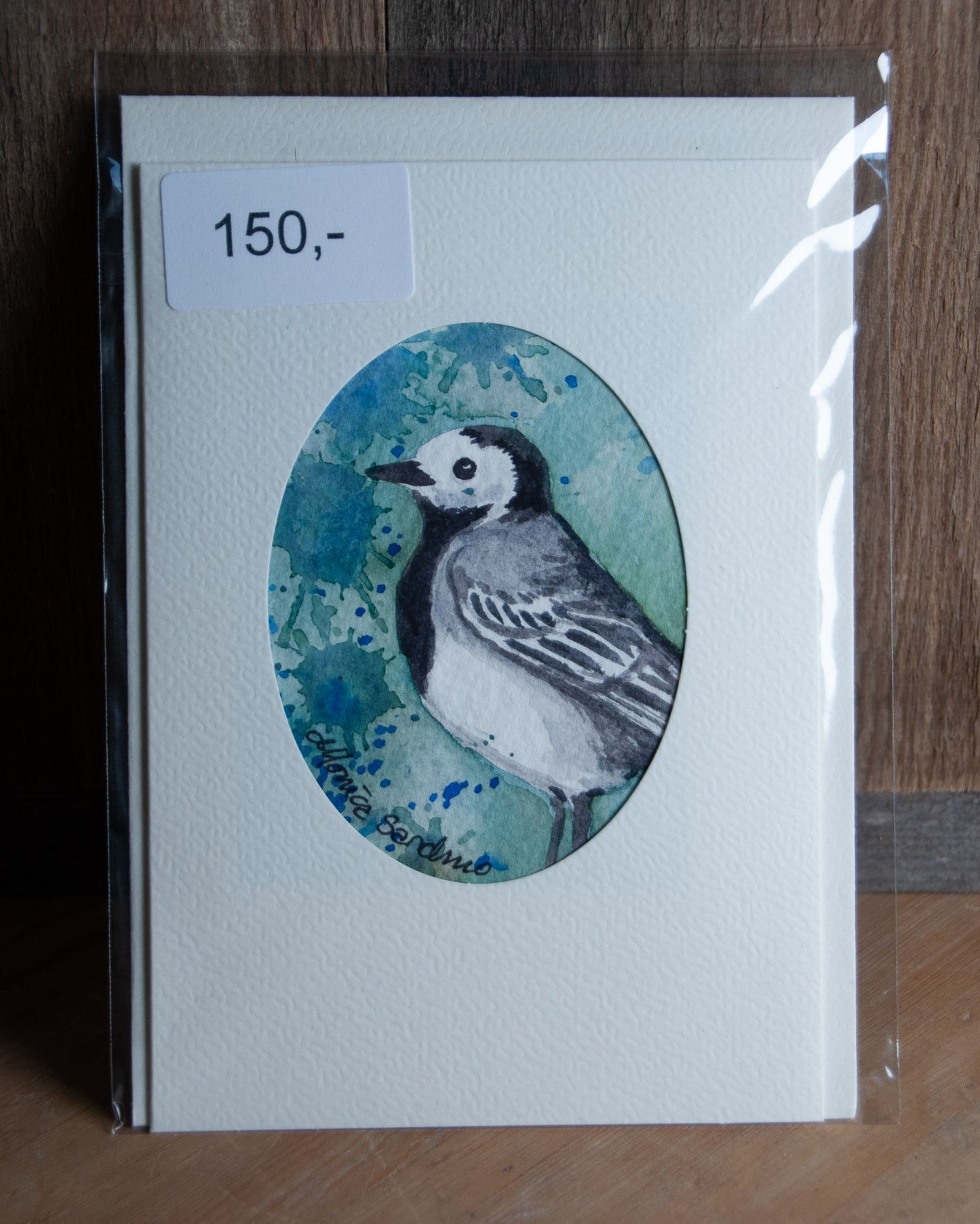 Håndmalt Akvarellkort Linerle - Blågrønn