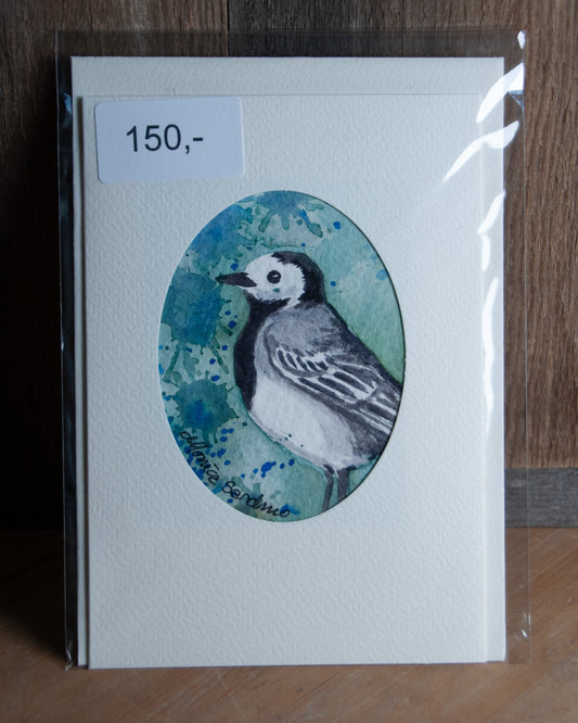 Håndmalt Akvarellkort Linerle - Blågrønn