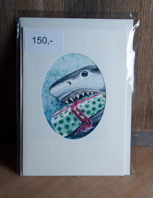 Håndmalt Akvarellkort Hai med Gave - Unikt Kort
