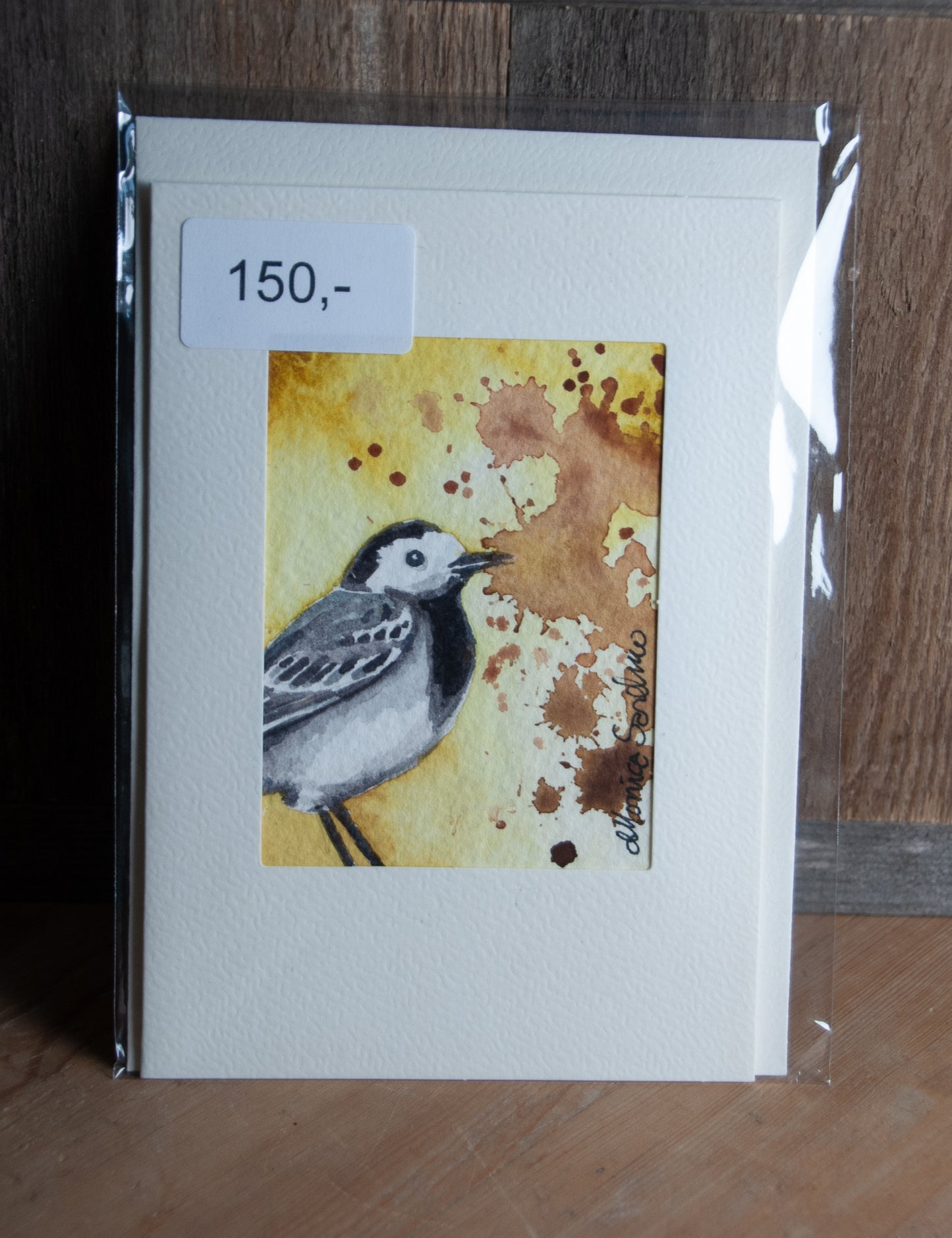 Håndmalt Akvarellkort Linerle - gul bakgrunn - Unikt Kort