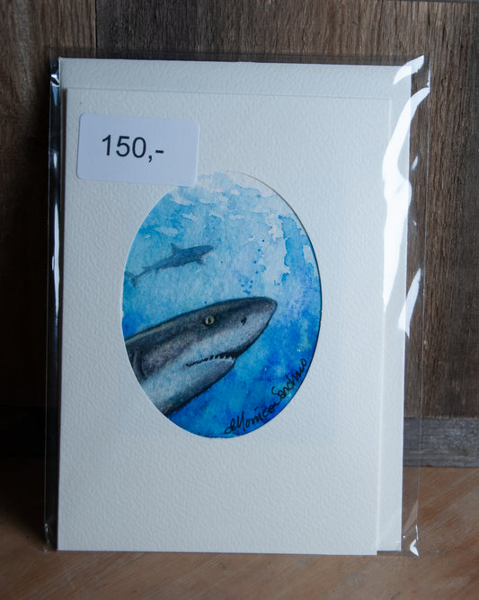 Håndmalte Akvarellkort, Haier i blått - unikt kort