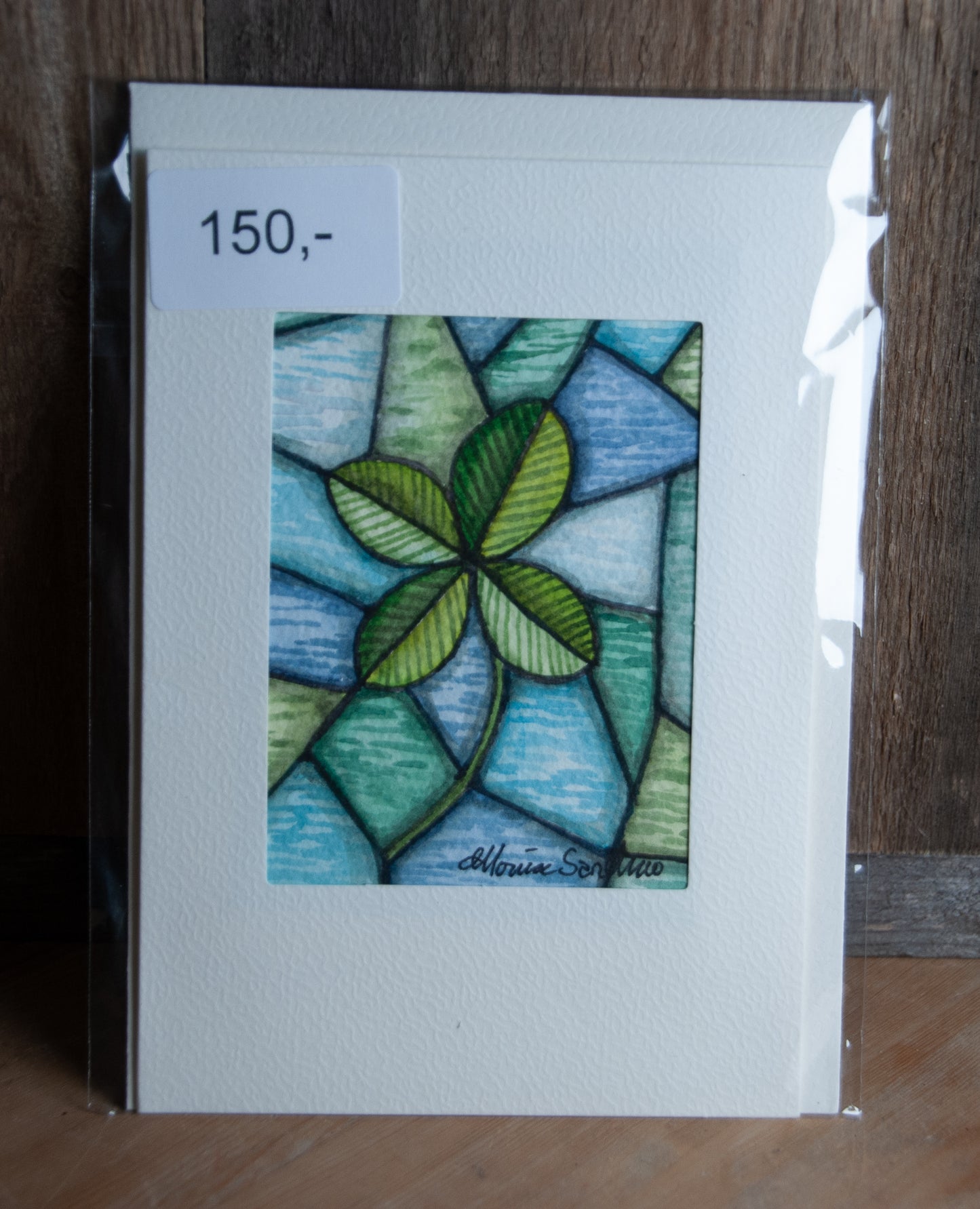 Håndmalt Akvarellkort Firkløver Mosaikk - Unikt Kort