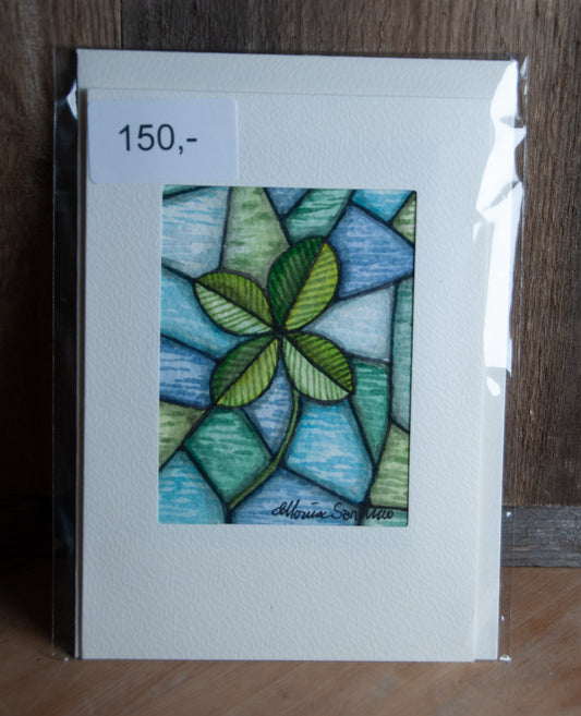 Håndmalt Akvarellkort Firkløver Mosaikk - Unikt Kort