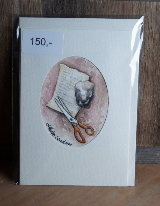 Håndmalte Akvarellkort - Stein, saks, papir - Humoristisk
