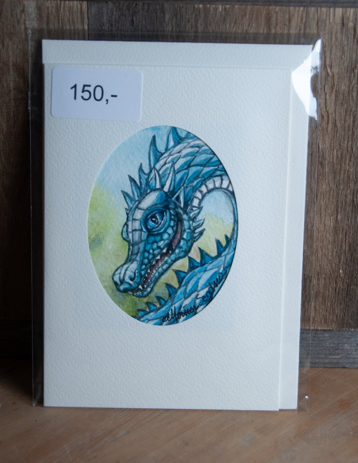 Håndmalt Akvarellkort - Blå Drage