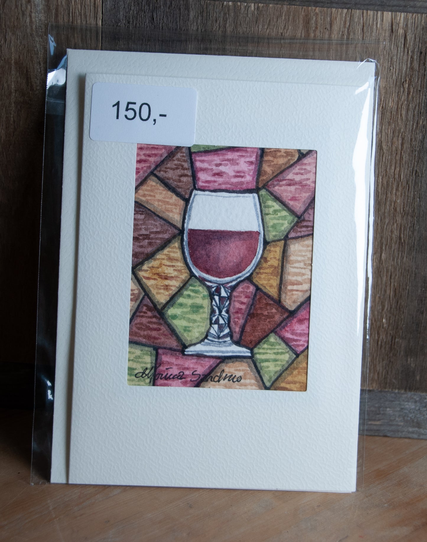 Håndmalt Akvarellkort Mosaikk Rødvinsglass - Unikt Kunstkort