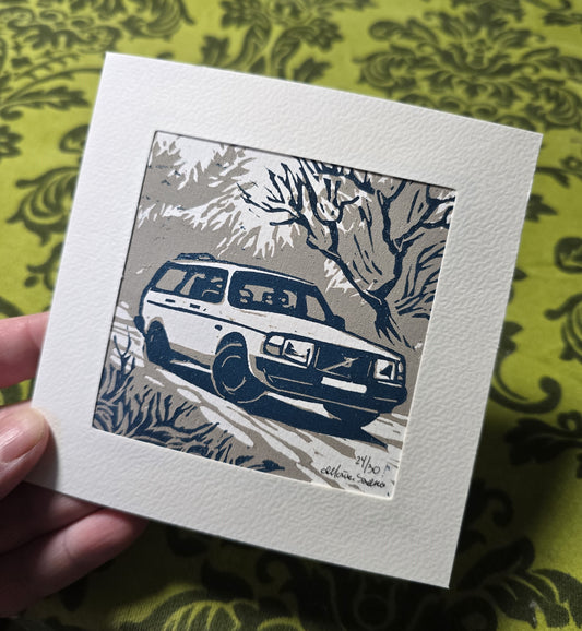 Håndlaget Linotrykk dobbelt kort, Volvo 240 stasjonsvogn, Unikt trykk 24/ 30