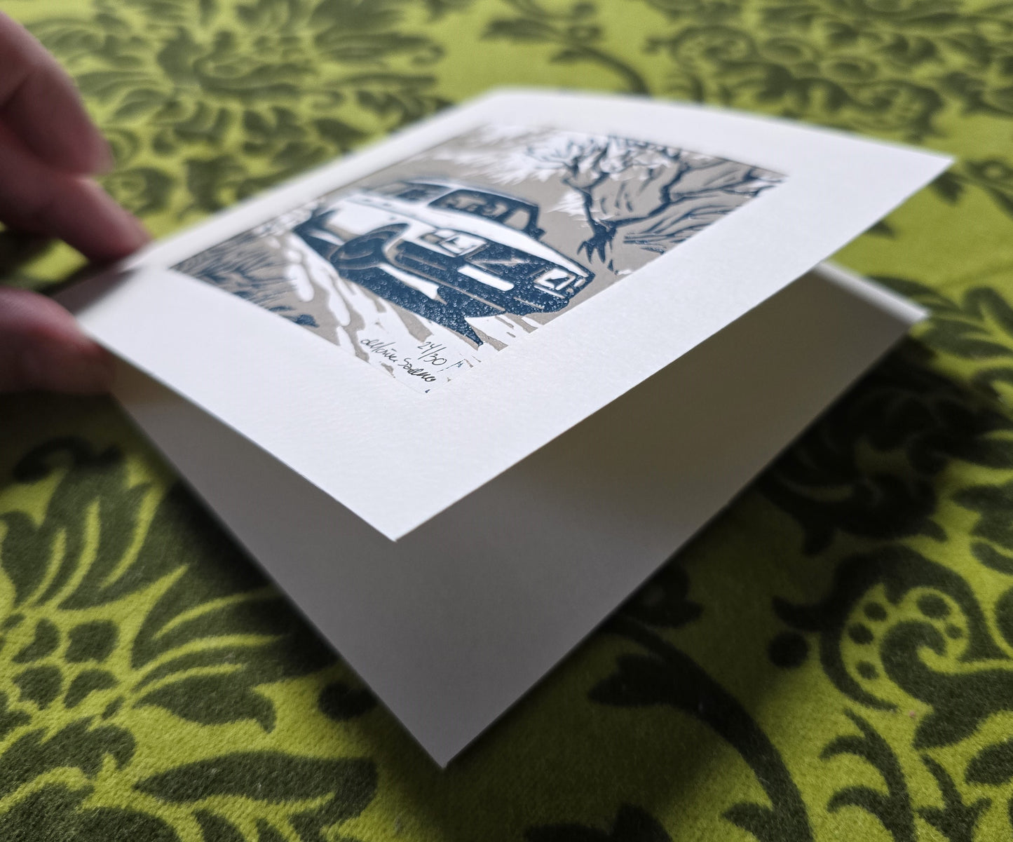 Håndlaget Linotrykk dobbelt kort, Volvo 240 stasjonsvogn, Unikt trykk 24/ 30