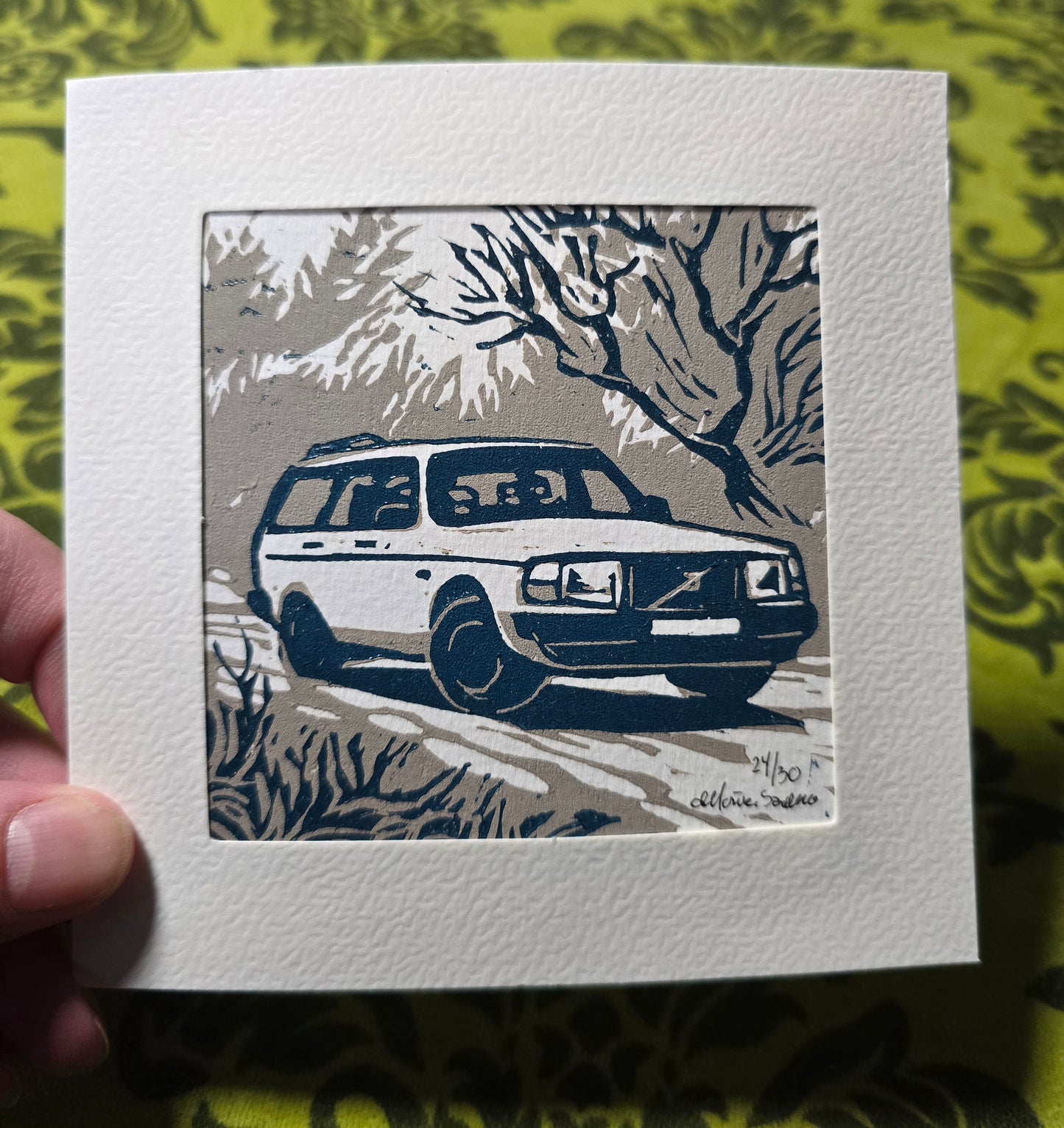Håndlaget Linotrykk dobbelt kort, Volvo 240 stasjonsvogn, Unikt trykk 24/ 30