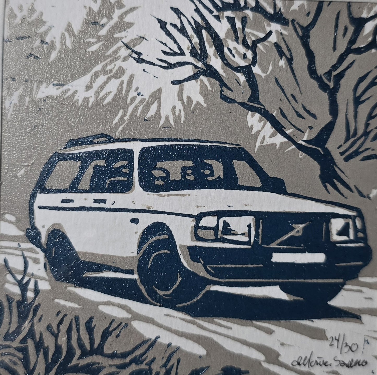 Håndlaget Linotrykk dobbelt kort, Volvo 240 stasjonsvogn, Unikt trykk 24/ 30