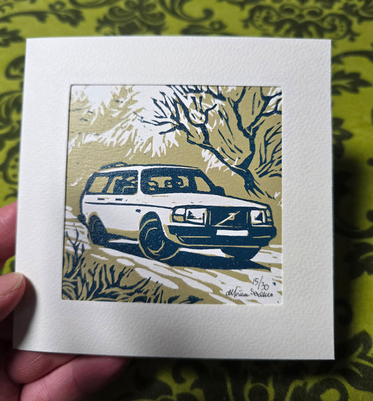 Håndlaget Linotrykk dobbelt kort, Volvo 240 stasjonsvogn, Unikt trykk 15/ 30