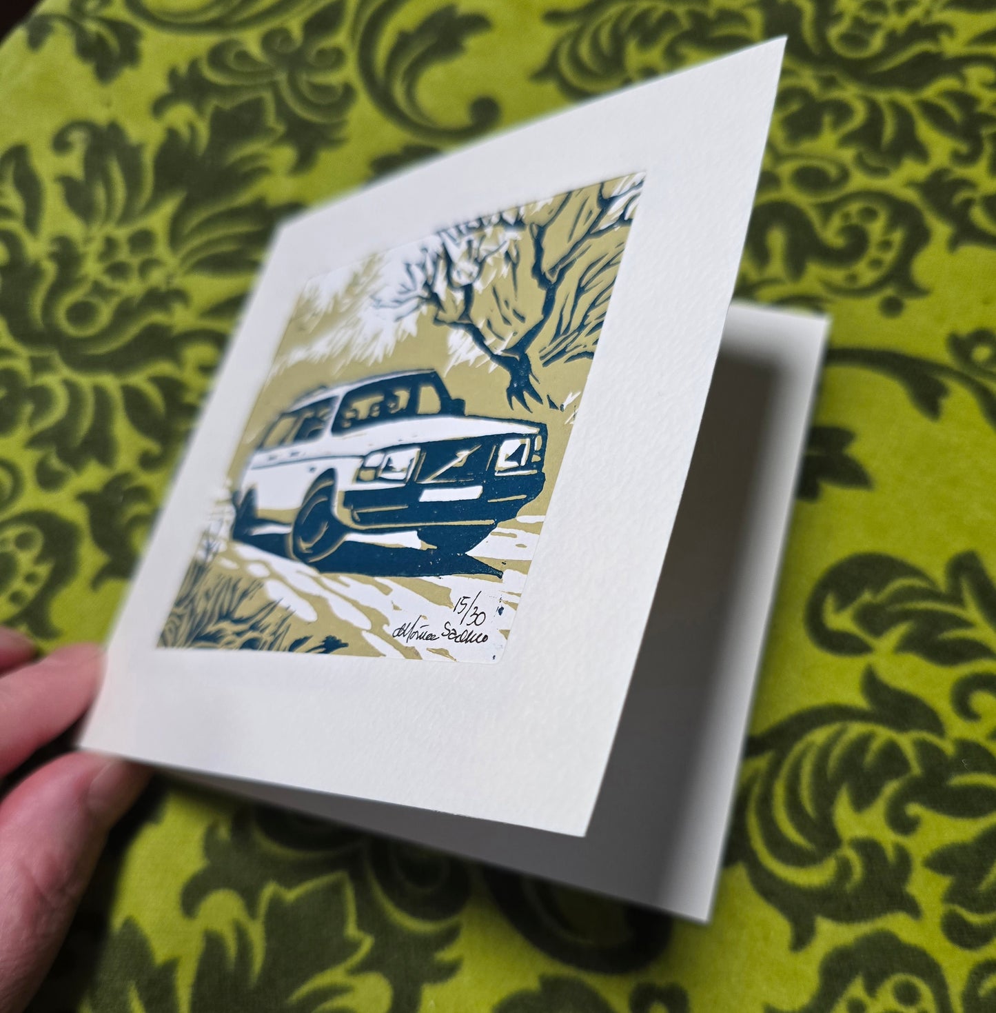 Håndlaget Linotrykk dobbelt kort, Volvo 240 stasjonsvogn, Unikt trykk 15/ 30