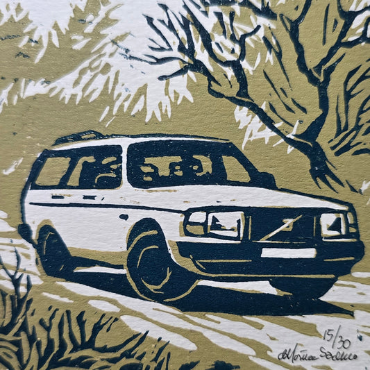 Håndlaget Linotrykk dobbelt kort, Volvo 240 stasjonsvogn, Unikt trykk 15/ 30